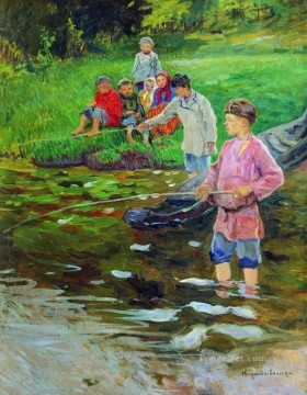 子供 Painting - 子供漁師 ニコライ・ボグダノフ ベルスキー 子供 子供 印象派